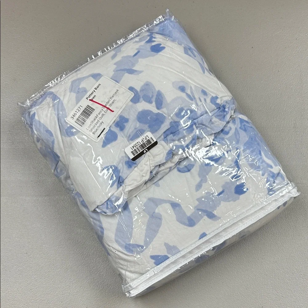 LoveShackFancy Blue Garden Floral Damask Smocked Euro Pillow Sham Cover NEW